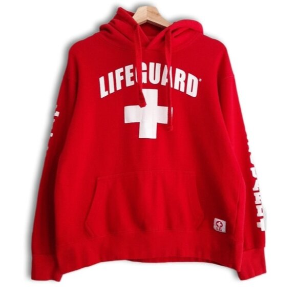 Lifeguard Tops - LIFEGUARD | Front Logo White Cross Comfy Hoodie Sweatshirt Red Sz M